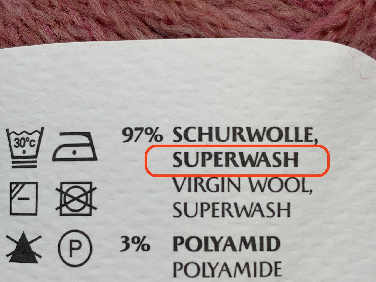 Superwash Angabe auf Garnbanderole