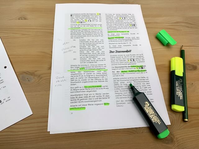Strickanleitung - markieren von wesentlichen Dingen