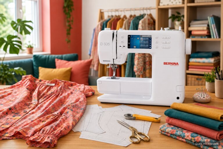 KI-generierte Magazinszene mit BERNINA 335, einer gemusterten Bluse, Schnittmuster und farbigen Stoffen.