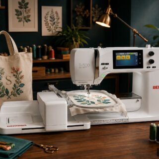 KI-generierte Magazinszene mit BERNINA B 500, botanischer Stickerei und personalisierter Leinentasche.