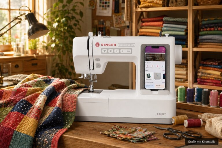 KI-generierte Magazinszene mit SINGER Smart Heavy Duty 9125, farbigem Patchwork-Quilt und Nähgarn in einem warmen Atelier.